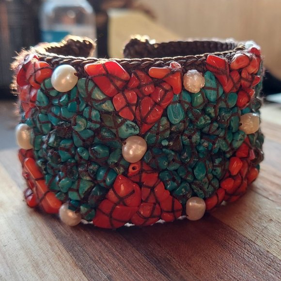 SOMS TH Handcrafted Arizona River Turquoise Red Coral Pearl Artisan Beaded Cuff - Picture 5 of 7